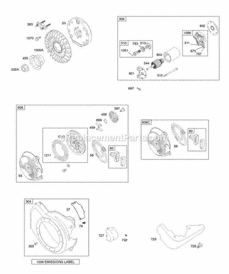 Blower Housing Electric Starter Flywheel Rewind Starter Diagram and Parts List for 150312-0112-E1  Briggs and Stratton Engine